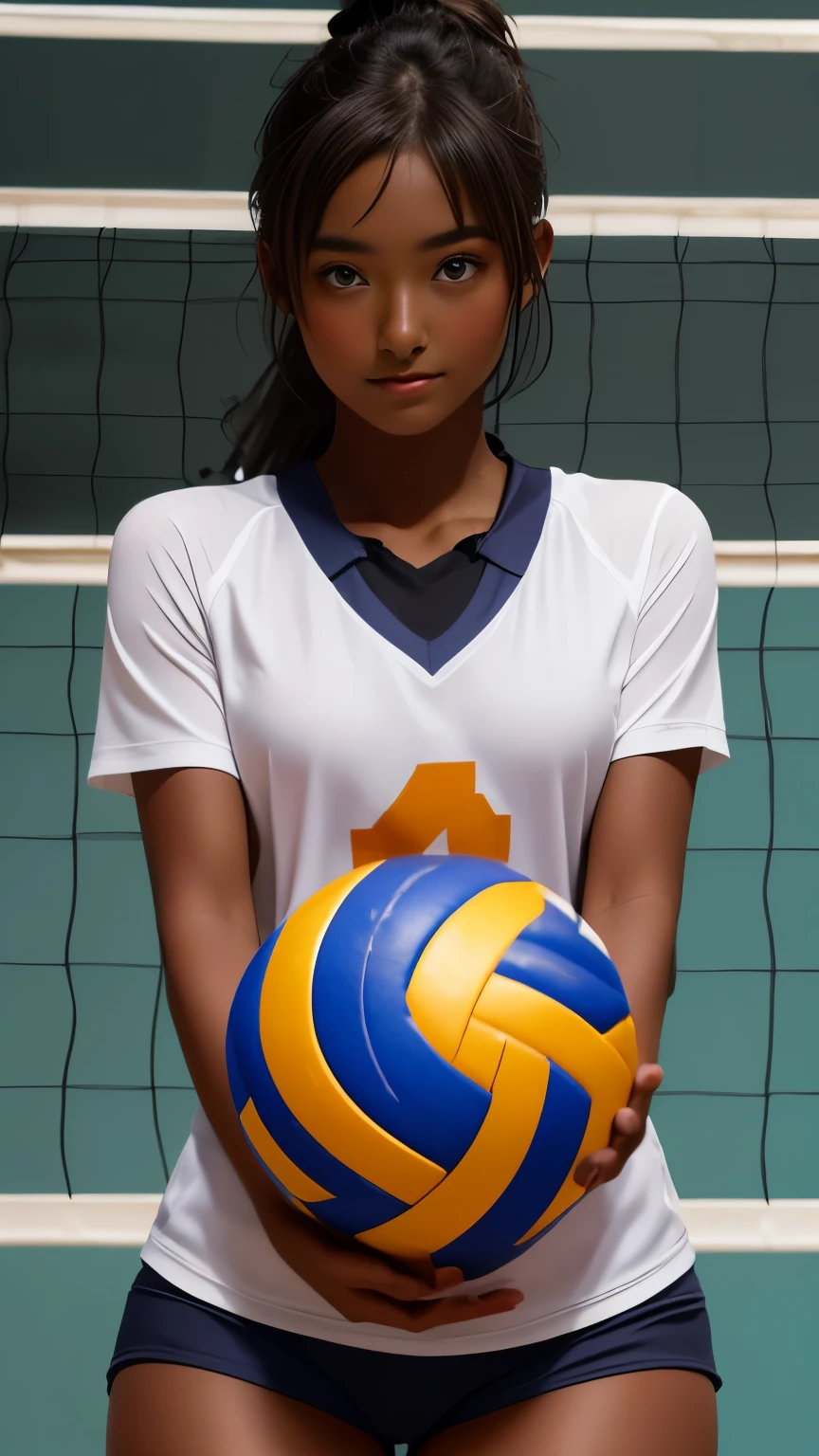 (((( one girl )))), Beautiful breasts、 Brown eyes, ((Gal Hairstyles)) blonde, girl, (Eye and facial details:1.0), break, (masterpiece, Please redeem, Very detailed, Detailed face, 8k),( Dark Skin Tone:1.8 ), (((( Volleyball Uniforms )))),