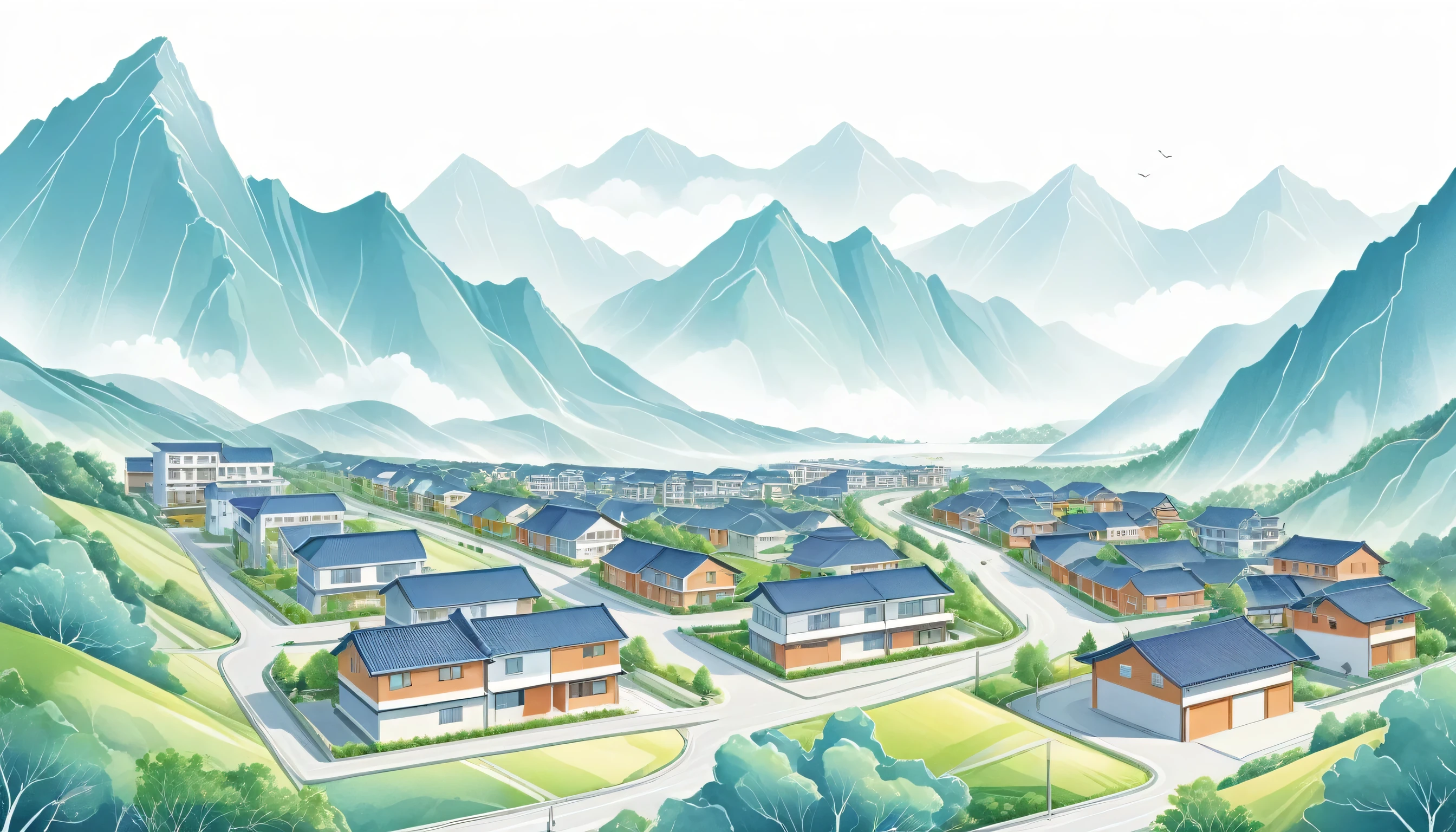 Mainly line illustrations,Simplicity,Many modern two-story buildings were built on the flat land between the mountains.,Mass Housing, City, Many buildings, Residential area, Big scene,Depth,Clean roads