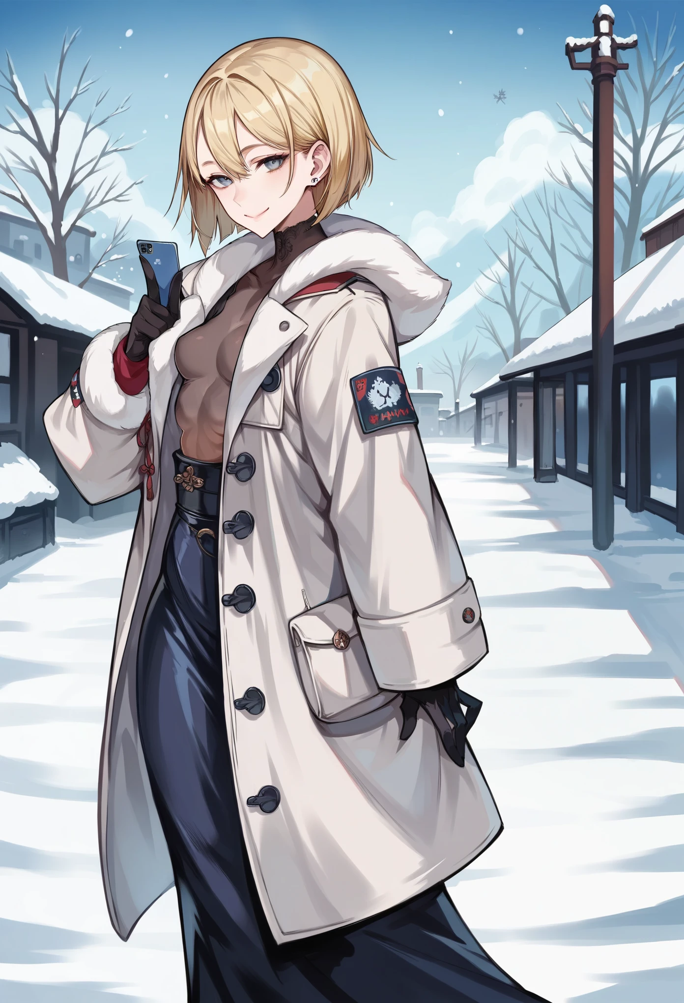 score_9, score_8_up, score_8, 1 adult woman, petite, rating_safe, small breasts, perky breasts, blonde hair, bob cut, black irises, thick thighs, looking at viewer, shiny skin, half Russian, half Japanese, smile, winter, warm clothes, long coat, long skirt