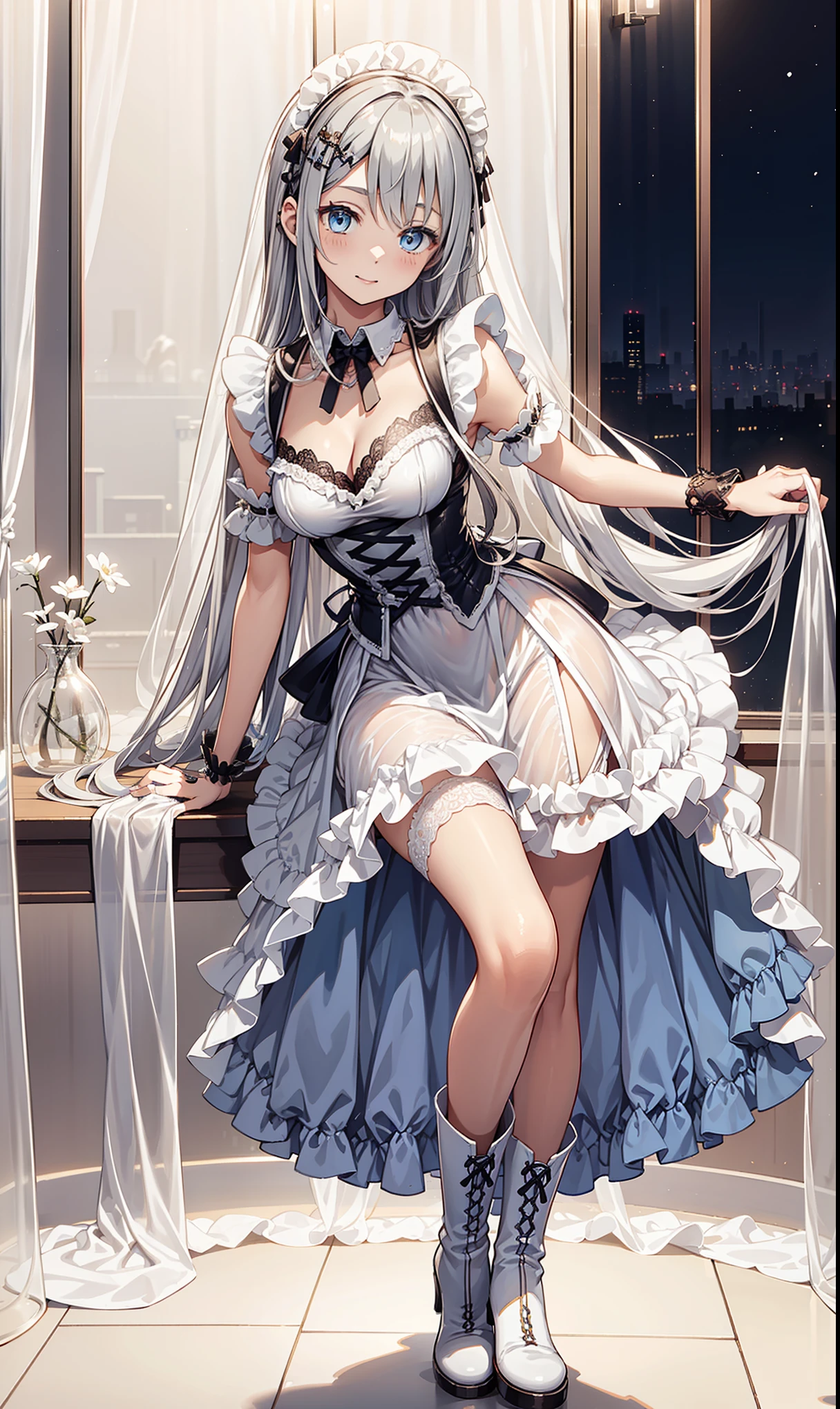 Teenage Girl,obsessed,have fun,in love,(White transparent maid clothes with long dress),Silver Hair,Blue Eyes,Transparent Clothes,Exquisite hair accessories,Transparent lace,Sky blue pattern,night,Dress nicely,bedroom,Solitary,night,Engraved suspender boots,Delicate and beautiful face,