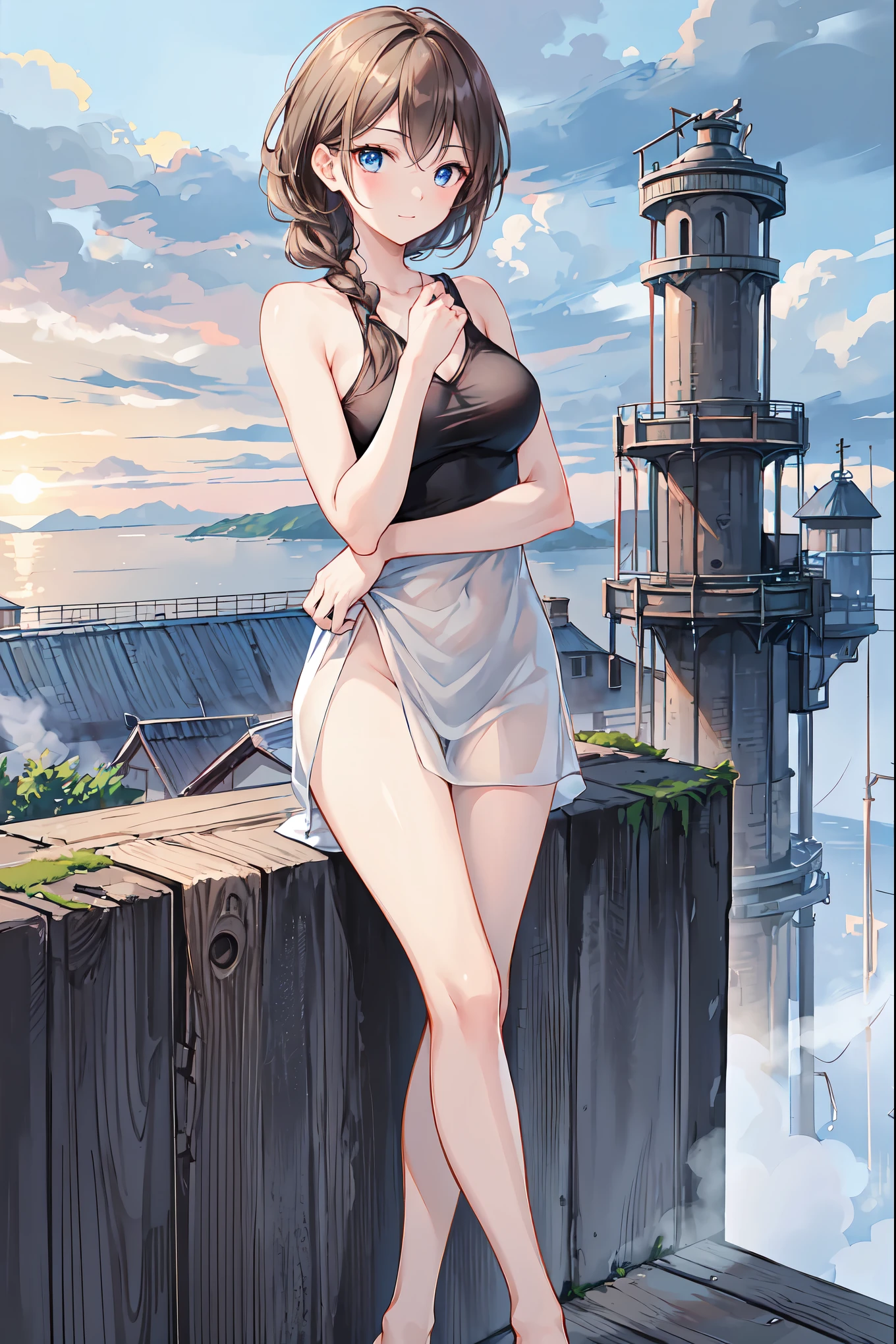 (masterpiece),(intricate details),1girl,pale skin,mature female,Voluminous updo,laughing,large breasts:1.3 BREAK , Tie-dye_midi_dress, strappy_heeled_sandals, dangle_earrings, rattan_crossbody_bag, (masterpiece, ultra high res, best quality:1.3), (Dark blue eyes:1.3), (yellowish-brown skin tone:1.1), long hair hime cut, Onyx black hair, smile, closed eyes, medium breasts, from below, cowboy shot, girl, cleavage, South Korea, Tourism, Seongsan Sunrise Peak on Jeju Island, a volcanic crater offering a panoramic view of the sunrise and the surrounding ocean.,,((full body)) BREAK looking at viewer,dynamic pose