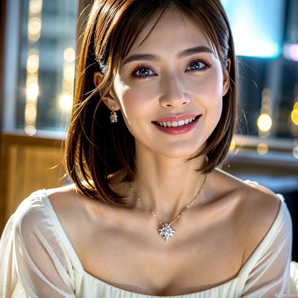 40-year-old woman、Large breasts、A little bit of cleavage is showing.、Fine pores visible on cheeks、A faint freckle on the bridge of the nose、Fine wrinkles at the corners of the eyes 
The left eye is slightly smaller、A small scar on the chin、Natural light through the window、Highlight on cheekbones、
Soft shadow on the neck、Hair reflecting light、Slightly messed up bangs by the breeze、
Shiny black hair、Short hair that shows the movement of the ends.、eyes that reflect light、Long natural eyelashes、
Slight wrinkles at the corner of the eyes、Fine patterns of iris、Gentle smile with slightly raised corners of the mouth、
Relaxed forehead、Movement of eye muscles expressing emotion、A woman at the beach in the evening、Open clothes Natural shadows on the table、
Depth through background blur、Relaxed posture sitting deep in the chair、
Naturally clasped hands on lap、
Slightly tilted head angle、Natural French nails、
Delicate design necklace、
Natural eye makeup、
slight redness on the cheeks