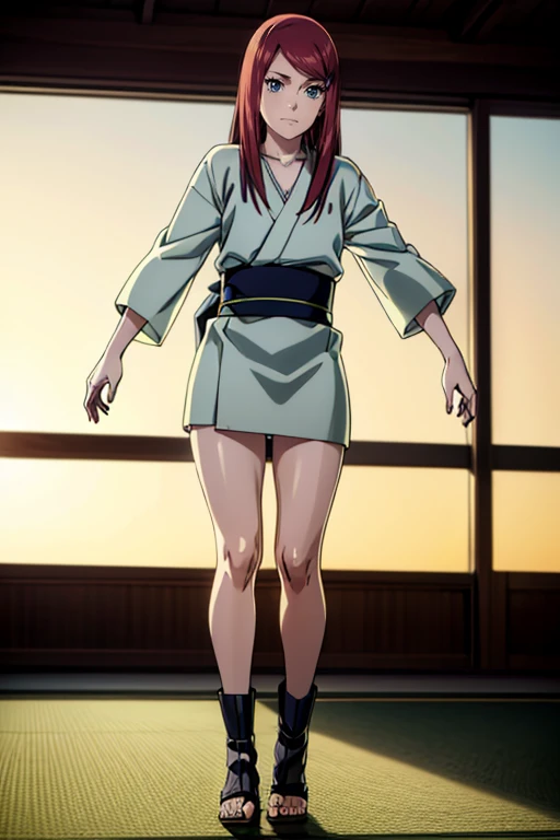 Kushina Uzumaki, Red hair, gray eyes, white kimono, standing, beautiful legs, beautiful body, flat chest, ****con, younger, (bare thighs), smile, , (Masterpiece, Best quality:1.4), bokeh effect, volumetric lighting, A high resolution, extremely detailed 8k illustration, Realistic, 
