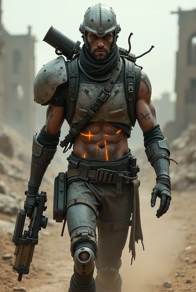 Man with a gas mask in a post-apocalyptic desert 