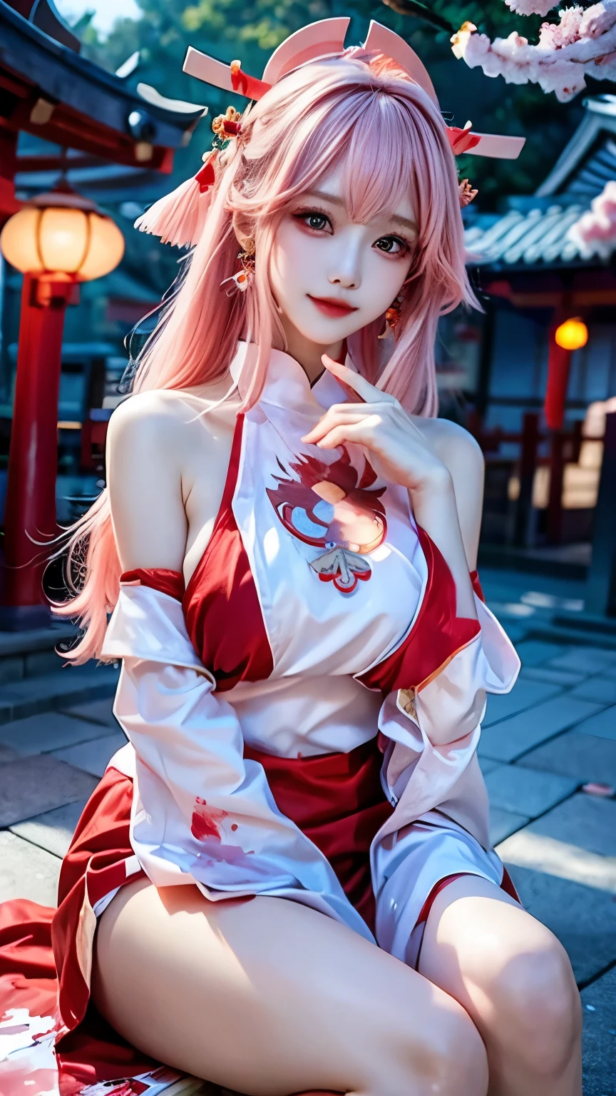 1 Girl (ulzzang-6500:0.725) KPOP Idol Yaemiko Undressed Shoulders Pink Hair Long Hair Best Quality (Photorealistic: 1.2) (Hair Ornament: 1.35) Big Torii Sakura Lantern Light Depth of Field Detail Face Face Focus (Viewer POV: 1.25), Glossy Skin, Long Sleeves, Smile, Thick Lips, Game CG, Thighs, Both Hands, East Asian Architecture, Blurred Background, full body, hind arms,