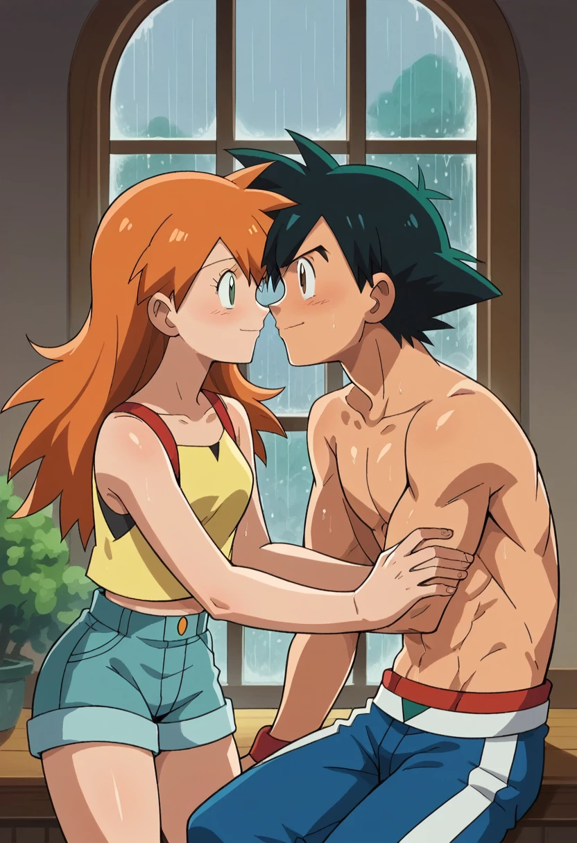 1boy, black hair, short hair, brown eyes, hair between eyes, ash ketchum, shirtless, blue pants, handsome boy, macho, good looking boy, muscular boy 1girl, misty pokémon, orange hair, long hair, hair down, green eyes, short dress, pretty, beautiful girl, masterpiece photograph of beautiful 1 couple, on a house, they're showing off their love and affection for each other, they're caressing, intimacy, looking at each other, a big window and a lit fireplace in the background, rainy day, autumn season