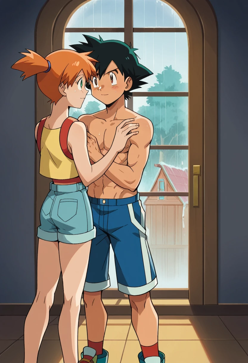 1boy, black hair, short hair, brown eyes, hair between eyes, ash ketchum, shirtless, blue pants, handsome boy, macho, good looking boy, muscular boy 1girl, misty pokémon, orange hair, long hair, hair down, green eyes, short dress, pretty, beautiful girl, masterpiece photograph of beautiful 1 couple, on a house, they're showing off their love and affection for each other, they're caressing, intimacy, looking at each other, a big window and a lit fireplace in the background, rainy day, autumn season