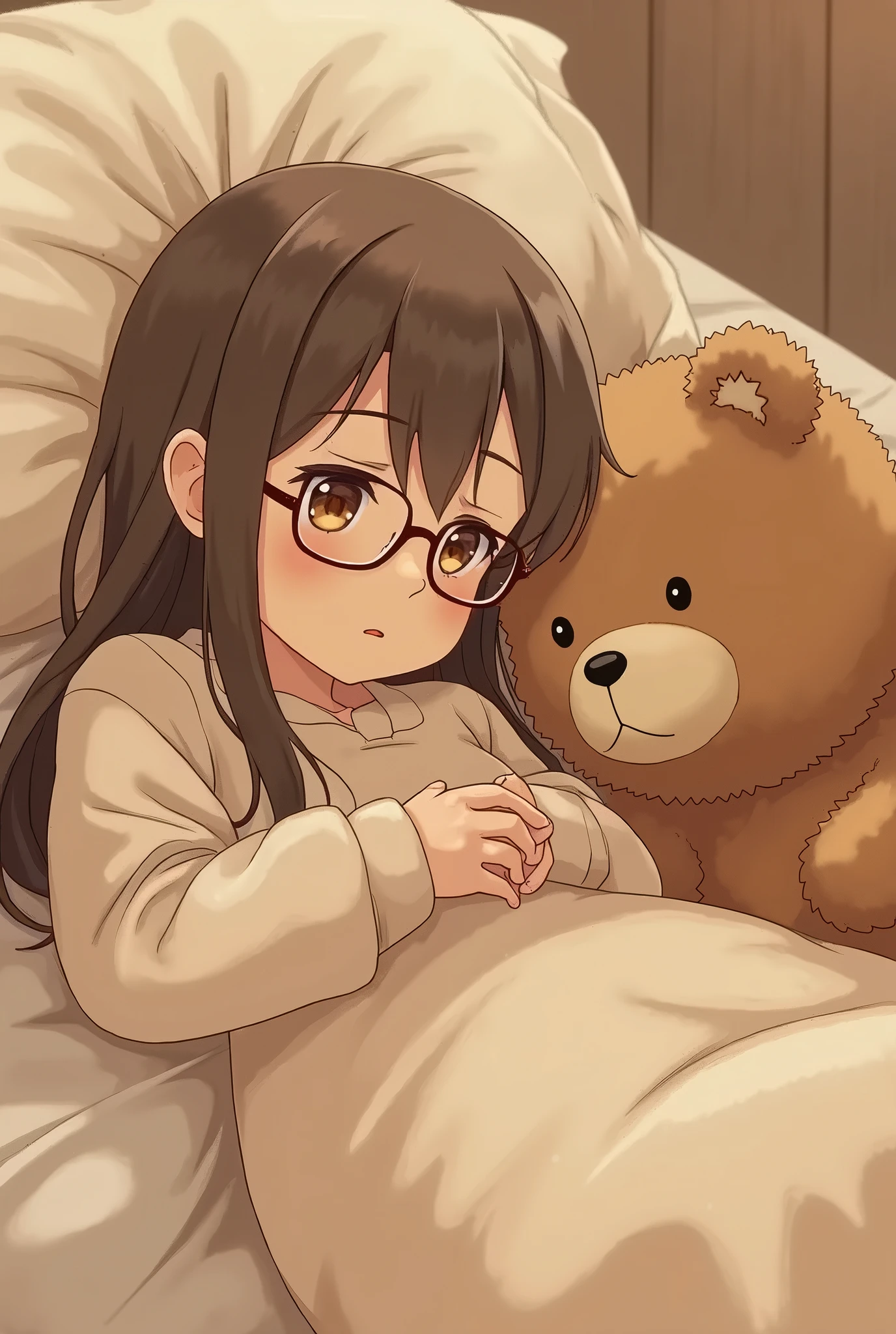 A small girl\(pajama dress,wearing glasses,long hair\) is lying in bed in a pained face with a heavy cold, cute detailed realistic little stuffed fluffy brown bear nursing her kindly, use sepia brown only, girly room, show full body of girl, kind and warm atmosphere, anime style