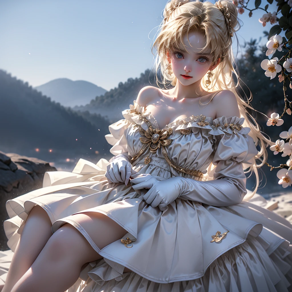 Ayaka,Genshin Impact,kamisato Ayaka, ((Bare shoulders)), ((whole body)), Practical, Fashion Girl, Red lips, Become a, cosmetic, big eyes, beautiful eyes, ((whole body)), ((From below)), (best quality, masterpiece:1.2), Very detailed, (Practical:1.37), ((Sexy long legs)), beautiful, Young and energetic, Charming model, Large Breasts, cleveage, (Exquisite eyes, Delicate lips, extremely Exquisite eyes), Show a bright smile, Create stunning girl images, Warm colors, Very high color saturation, Official Art, Extremely detailed CG unified 8k wallpaper,(High Dynamic Range :1.4), (Movie),(Soft colors, Dull Color, Soothing tone :1.3), (Natural skin texture, ultra-Practical, Soft Light, sharp),(Very detailed), night, moonlight, ((In the mountains, plant, Leaning against the rocks))
