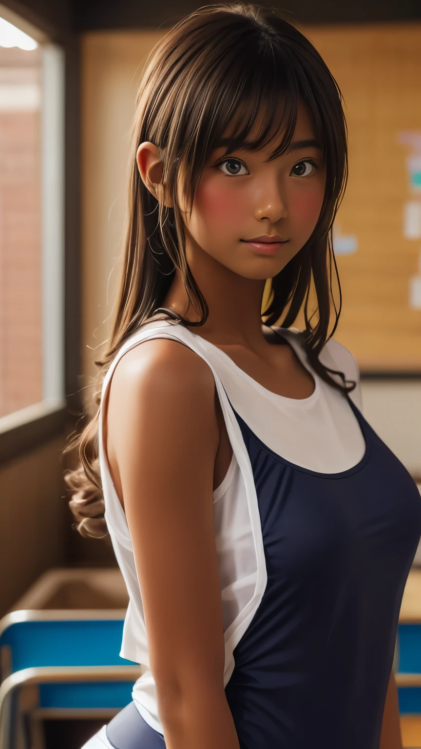 (((( one girl )))), Beautiful breasts、 Brown eyes, ((Hime cut hairstyle)) blonde, girl, (Eye and facial details:1.0), break, (masterpiece, Please redeem, Very detailed, Detailed face, 8k),( Dark Skin Tone:1.8 ), (((( School Swimsuit )))),