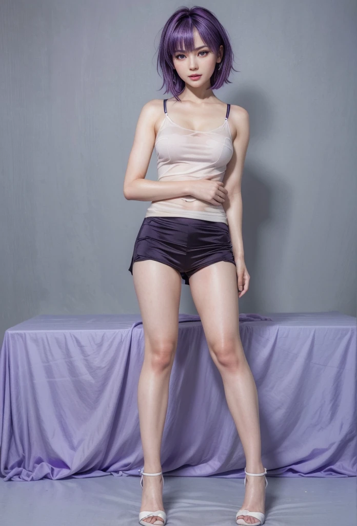 Purple Hair, Brown eyes, Ninja, Open clothes, Cleavage, Small breasts, Topknot, Medium Hair,,high school student,nakeothes,全naked,(Provide sexual services to viewers:1.2),