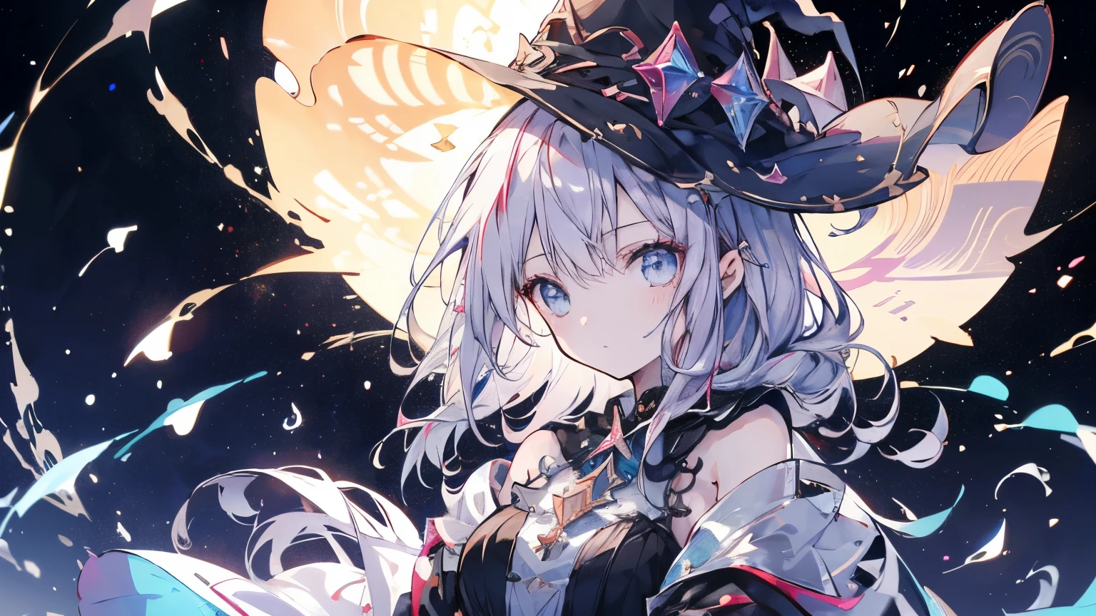 masterpiece, best quality, <lora:ClickV1:0.7>, click \(arknights\), 1girl, solo, hair between eyes, mouse girl, short hair, grey hair, red eyes, animal ears, looking at viewer, eyepatch, navel, white shirt, black bow, crop top, black bowtie, official alternate costume, black jacket on shoulders, black top hat, from side, night, sky, moon, looking at viewer, grin, from side, portrait, close up