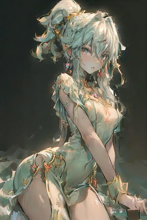 ((dark fantasy)), ((wavy hair, silver hair color, pale skin),(((green aquamarine eyes))), freckles, warm light,( 16 years old),busty,Glamour,Gorgeous,monochromes,erotic posing,Dynamic Posing,Arrange Pose,Dramatic,Cinematic,Detailed background, Dynamic Angle,From the angle of the film,Gothic background, Dark fantastic view,Best Quality,masutepiece,8K,The ultimate detailed dark background, Top image quality、RAW photography、超A high resolution,cropped shoulders, overall look is very erotic、Shot for one person only, model shoot, Large round chest, Beautiful Eyes of Details、Very slender eyes、Beautiful eyelashes、Very slim physique, with blush cheeks,Pearl Beaded Bralet Top, ((pearl top)), ((pearl bra))