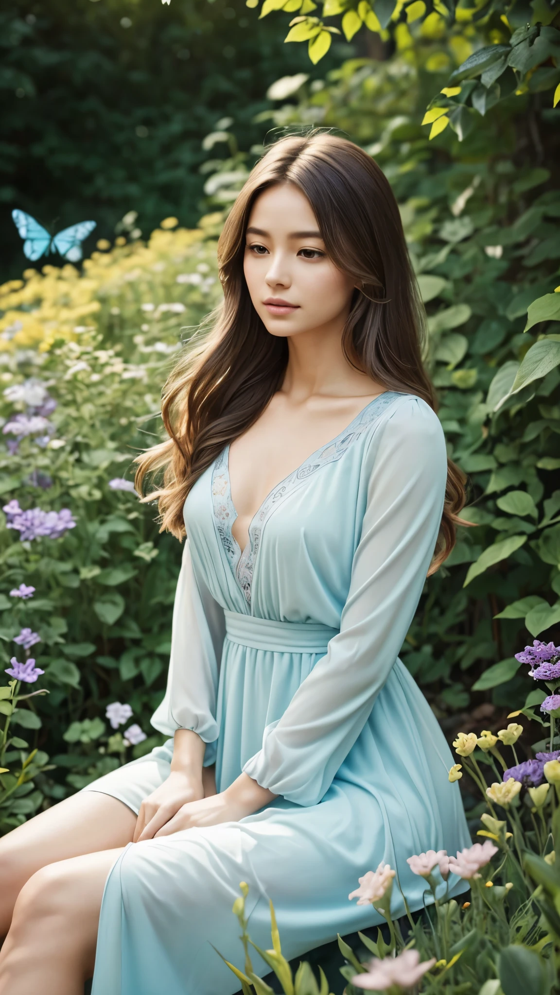 A soft, dream-like portrait of a young woman,
surrounded by vibrant and colorful butterfly around ,
set in a serene outdoor environment.
pastel blue sky background
full body shot
The focus is on the upper body
Background:
A pale blue sky,
symbolizing tranquility and peace,
enhanced by colorful butterflies
fluttering in various directions.
focus on upper body,
The model's expression is calm and introspective,
She wears a floral dress
with delicate features and long flowing hair,
sitting in garden ,
creating a sense of tranquility and connection with nature.
The color palette includes light, pastel tones with a warm, golden hue,
evoking a peaceful and dreamy atmosphere.
Style: Realistic photography with a dreamy, soft focus effect,
capturing the essence of butterfly and nature in harmony.
Lighting: Natural lighting,
creating soft shadows and highlights on the model's face and surroundings.
Mood: Serene, peaceful, and ethereal,
with a focus on natural beauty and a dream-like ambiance.
Resolution: Ultra-high resolution to capture fine details in both the model and the surrounding colorful butterfly around her .
full body shot , upper body,