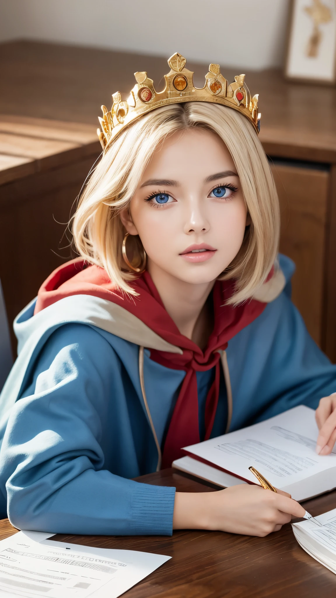 (Masterpiece: 1.2, Best Quality), Realistic, (Realistic Picture, Complex Details, Depth of Field), Best Quality, Masterpiece, Highly Detailed, Semi Realistic, 1 Girl, Mature Female, 21 Years Old, Blond Short Hair, Left Eye Covered with Hair, Blue Eyes, King's Clothes, Red Cloak, Slim Figure, Crown Made of Precious Gold, Reading and Marking Documents, Goose Hair Pen, Office Table, Soft Bench