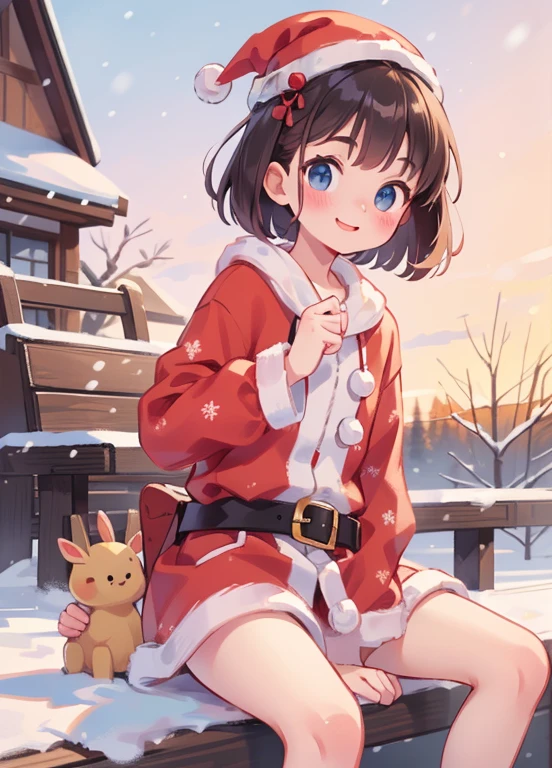 (Best Quality,16k,High resolution,masterpiece:1.2)，very detailed，Realistic:1.37，shape，Dark and mysterious，Black short bob，very ，very short stature，Flat Chest，very thin thighs，Detailed eyes，Detailed lips，Santa Claus clothes，Winter in Nara City，snow，Red tricorn hat，It has short horns on its head，Beautiful Face，smile，Deer crackers:1.2，This is what happened，very cunning gestures，