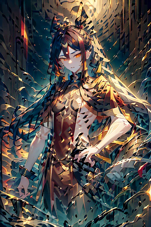 A male anime-style teenager with long black hair tied in a voluminous ponytail with several red streaks and almost golden yellow eyes wearing a long black coat having a transformation where half of his face and a bit of his neck becomes completely black and his eyes glow gold and his canines are vampire-like..