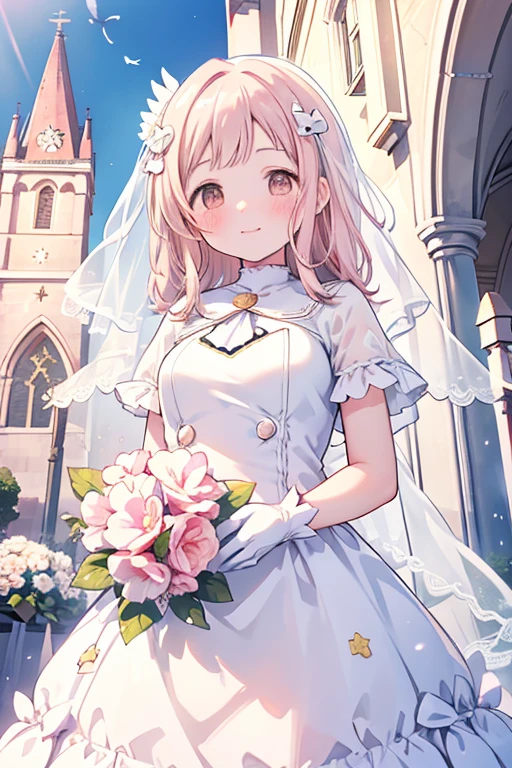 Sakuragi Mano, Mega Breasts,　　　white wedding dress,　　smile, 　　　　Fluffy,　Healing,　　Hair Accessories, (((white star print))), 　 ((White gloves)),　 Frills,　(((a flying litte white pigeon))), ((feathers)),　medium hair, best quality, masterpiece, blush, , flowerpot, spoken heart, ((Pink heart effects)), (((in front of the church))),　having a bouquet, standing, wedding veil, brown eyes,