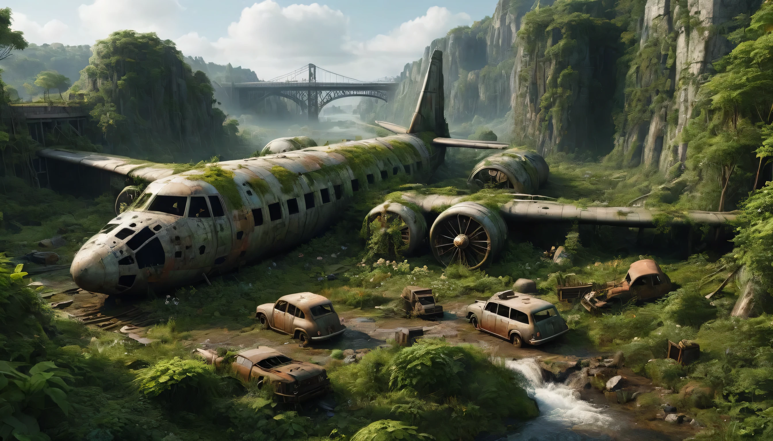 的style"Creating a 3D animation of an abandoned metropolis" (2022) Jakub Rozarski (Jakub Rozalski) style * Rusty helicopter covered with moss, Signs of decay * Intricate details, Including texturing and modeling, Ultra-high quality * Rendering scenes at 8K resolution (7680 x 4320 pixels) Great attention to detail A metropolis should be full of lush greenery, Vines and flowers, Bridges cover buildings and streets. Rusty cars should be in various states of disrepair, There is obvious corrosion and oxidation. Includes subtle lighting and atmospheric effects，To create depth and immersion. Provide detailed, Seamless, High-quality 3D animations that meet these requirements.”