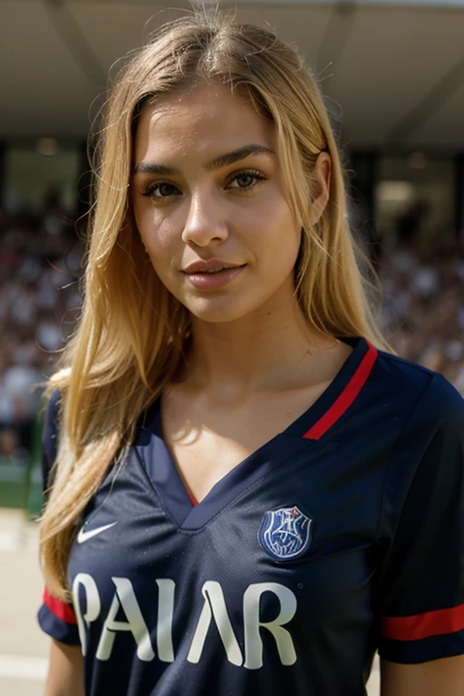 Femme blonde de 24 ans, cheveux longs, sourcils symétriques avec de belles lèvres et un visage mince, vetue d'un maillot du psg, dans un stade de football