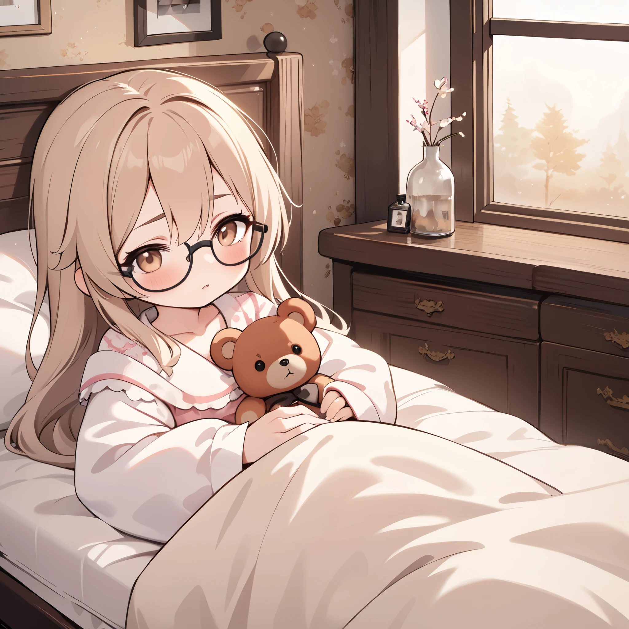 1girl\(pajama dress,wearing glasses,long hair,lying in bed,pained face,heavy cold, teddybear\(cute, detailed, realistic, little, fluffy, brown \) nursing her kindly\), use sepia brown only, girly room, kind and warm atmosphere,from front,long shot, BREAK ,quality\(masterpiece, best quality,8k,wallpaper of extremely detailed CG unit, high resolution, top-quality, top-quality real texture skin, hyper realistic, increase the resolution, RAW photos, best quality, highly detailed, the wallpaper,golden ratio\)