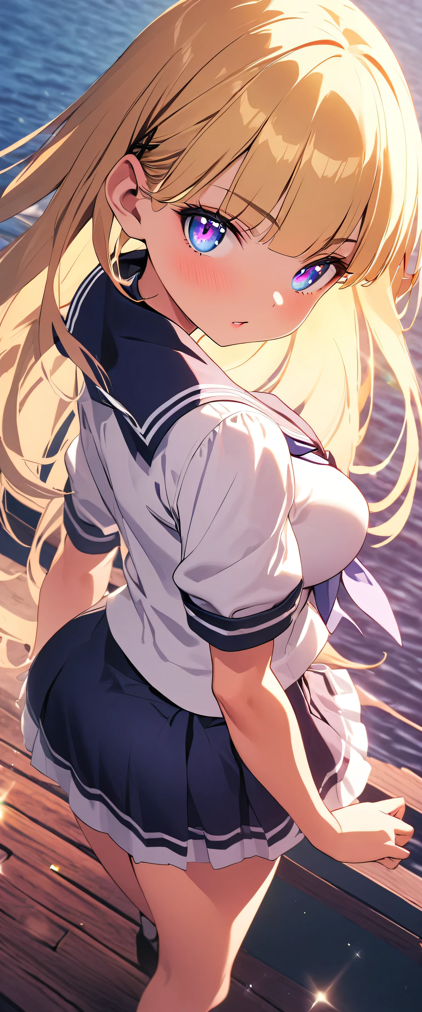 (beautiful girl: 1.3),One girl,masterpiece, Please redeem, Ultra-high resolution,Rich contrast,super high quality,8k,High-definition CG unit wallpaper,Texture,Very absurd,Ultra-high resolution,RAW Photos,Please redeem anime,Depth of written boundary 1.2,(Blonde),Very detailed eyes,Glowing Skin,Glitter Effect,Beautiful glossy lips,Thick bluish eyeshadow, Thin eyebrows, Thick black eyeliner, I drew eyeliner around my eyes to emphasize them., False eyelashes,(Sunburned skin:1.2),Detailed sailor uniform,mini skirt,(Large Breasts),(Big round ass),lake,sunset,lakeの水に入っています,(Rear View:1.5)),gokou ruri