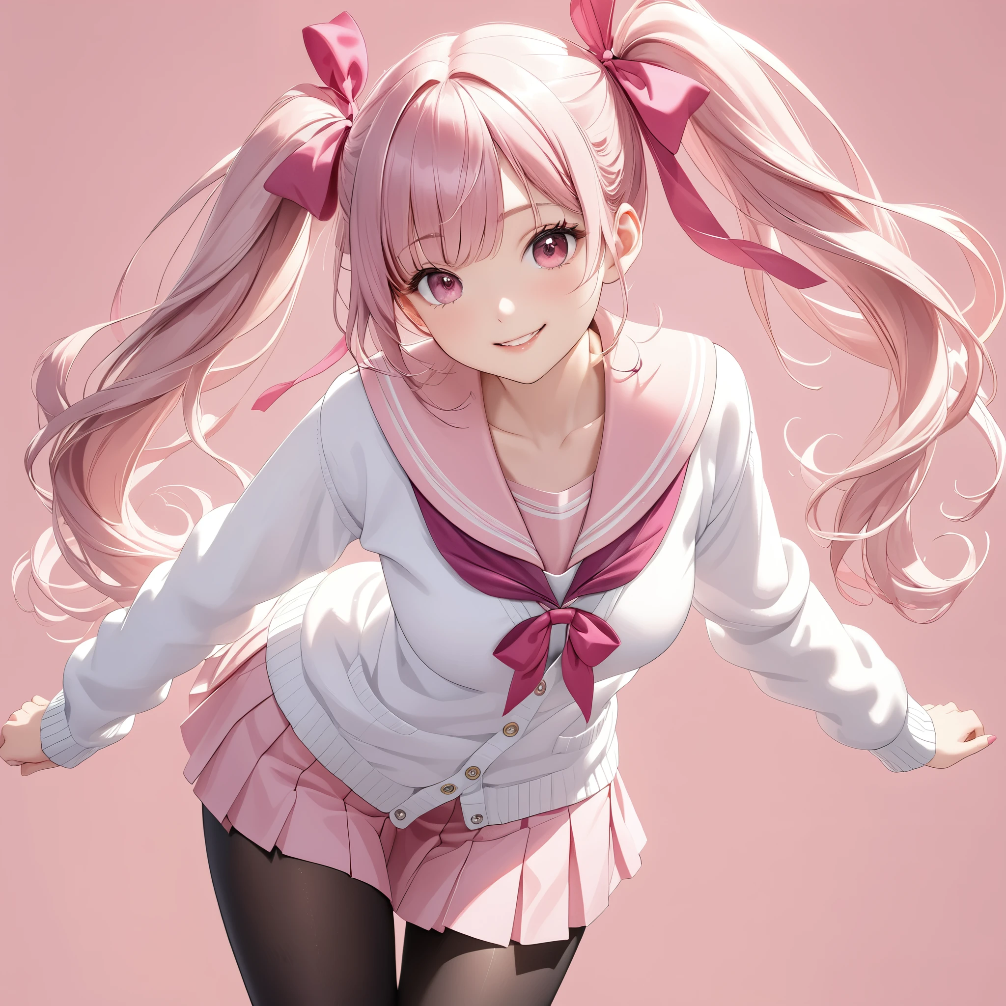 (8K, masutepiece, Best Quality, Official art, beautiful detailed, beautiful lighting, best masterpiece in history that exceeds limits), (1 Girl, Solo), (sixteen years old), (beautiful detailed face), (shiny white skin), (Beautiful big bust, cleavage, thighs:1.3), (beautiful detailed pink twin tails hair, Bangs:1.3), (beautiful detailed drooping pink eyes:1.5), (high school uniform:1.3), (white loose long sleeves long length cardigan, overly long sleeves, patsel pink sailor collar, pastel pink pleated skirt, patsel pink ribbon:1.3), (black_legwear, zettai_ryouiki, thigh_gap:1.2), (happy smile:1.2), (Attractive, sensational, look at the camera, cute pose, looking back:1.3), (simple white plain background:1.5),