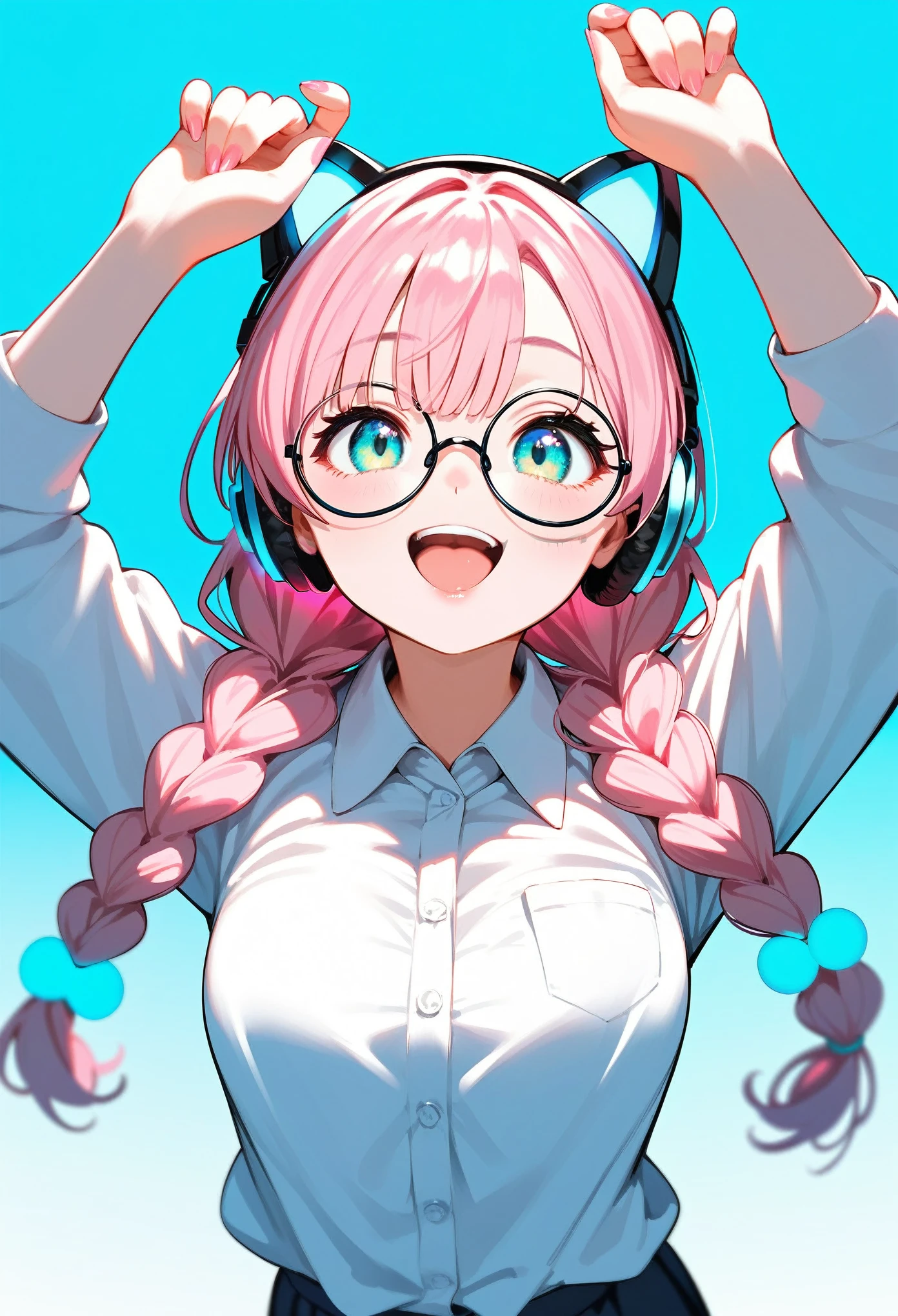 (best quality:1.2), (ultra-detailed:1.2), (2.5D:1.2), (Anime Moe Art Style), 1girl , pink hair, Cyan eyes, gradient eyes, twin braids, blue Glowing cat ear headphones, black round glasses, collared shirt, smile beam, open mouth, simple background, pastel blue background, face focus, from above, cowboy shot, arms raised in the air, top margin