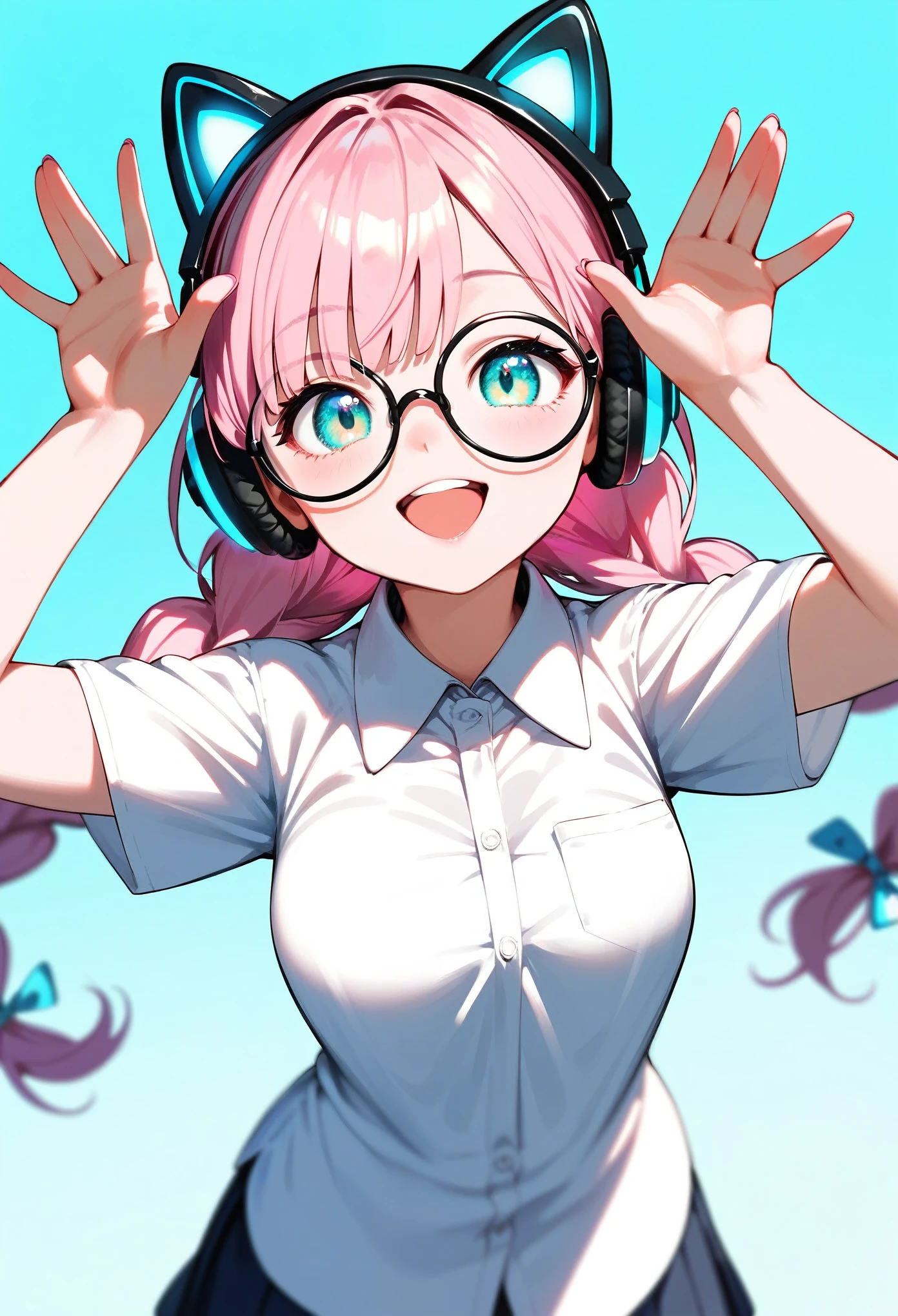  (best quality:1.2), (ultra-detailed:1.2), (2.5D:1.2), (Anime Moe Art Style), 1girl , pink hair,  Cyan eyes, gradient eyes, twin braids, blue Glowing cat ear headphones, black round glasses, collared shirt, smile beam, open mouth, simple background, pastel blue background, face focus, from above, cowboy shot, arms raised in the air,  top margin