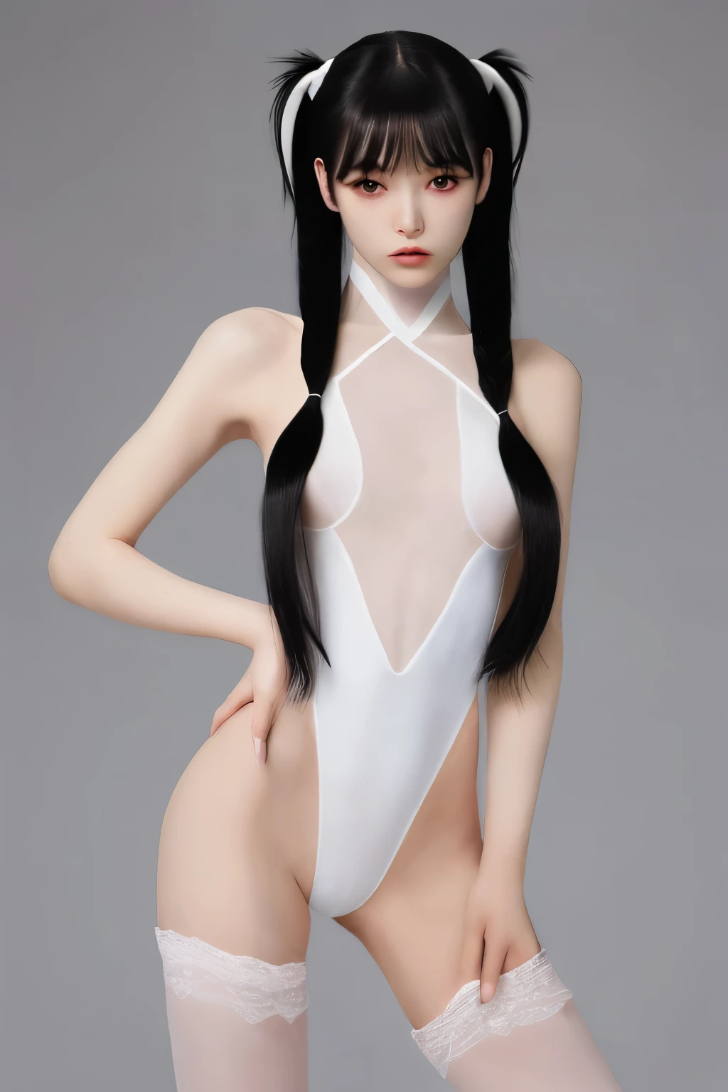 High resolution, masterpiece, High-resolution model, Ultra high definition, One girl,Slender、Small breasts、Fair skin、Long legs、 Thin legs、Lower body slimming、Black Hair, Twin tails、High Cut、White leotard、Transparent leotard、Transparency、High heels