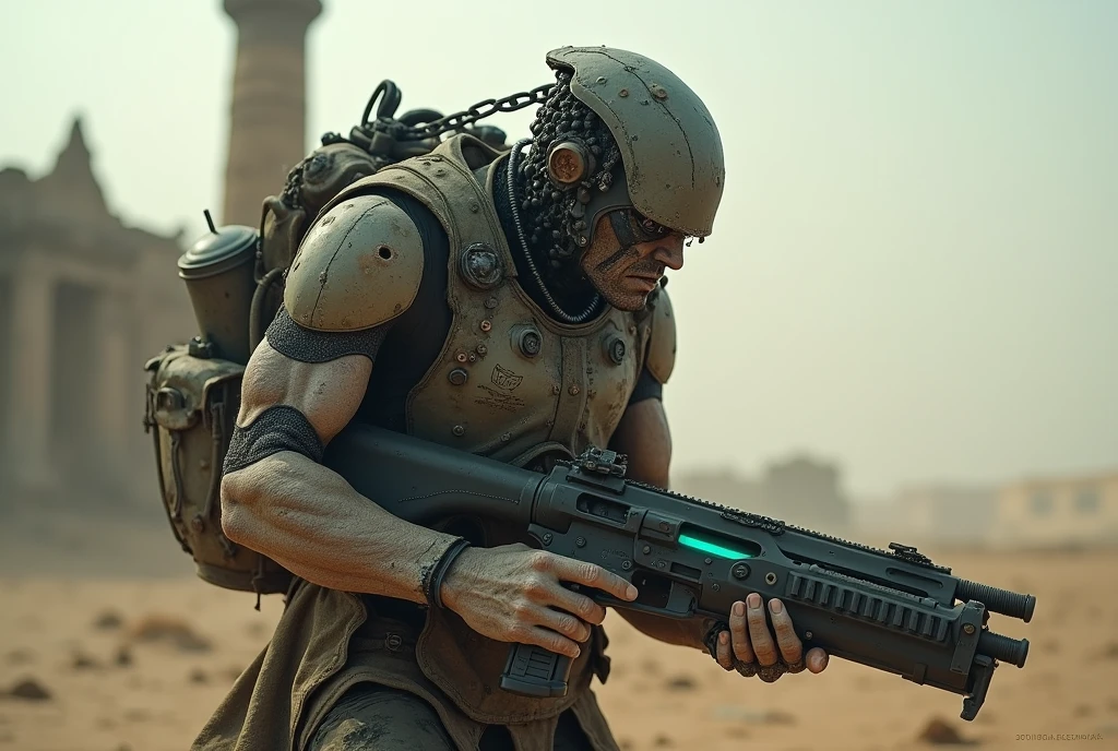 a rugged survival humanoid character in a post-apocalyptic world, a mix of organic and mechanical elements, worn-out metal armor, synthetic material and scarred human flesh, harsh conditions, dust storms, ruins, makeshift weapon, dark muted color palette, glowing energy or circuitry, best quality, 8k resolution, ultra-detailed, masterpiece, photorealistic, highly detailed, cinematic lighting, concept art