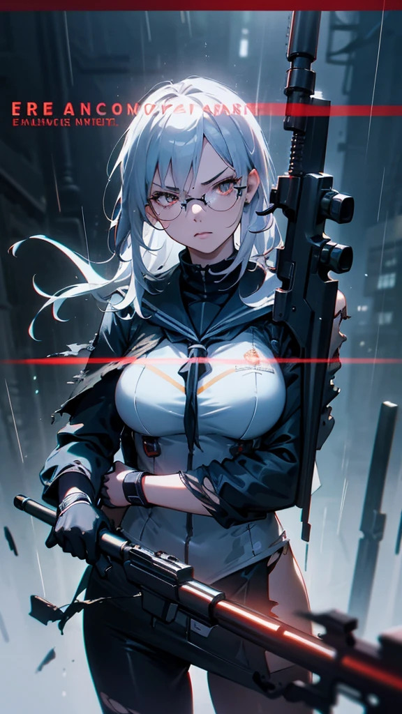 Silver Haired Girl,((Large Breasts:0.7)),Red glasses,prone position,Looking through a sniper scope,Sighting gun,Tactical Boots,Futuristic gun,Rainy environment,High image quality,8k,Super detailed,Surreal,masterpiece,Cinematic Lighting,Dramatic lighting,Dramatic Pose,Highly detailed facial features,Very realistic,Realistic,Beautiful detailed eyes,Beautiful detailed lips,Highly detailed eyes and face,Long eyelashes,1 girl,Concept Art,Digital Art、Shiny Futuristic gun、A vivid depiction of the human body、Sexy sailor-style combat uniform、((Torn clothing)) The hall in the center of the poster々Standing, Wear stylish and edgy clothing, A determined look. The background is dark、rough., There is danger and tension. The text is bold and eye-catching, A catchy tagline that creates a dramatic and exciting atmosphere. The color palette is mostly dark.、Bright colors are scattered throughout。, Give your poster a dynamic and visually striking look,Character Portrait((Symposium cover))