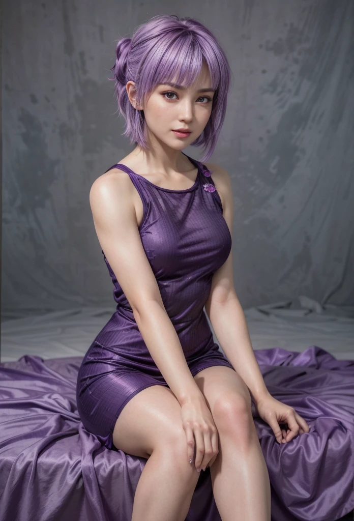 Ayane, purple hair, (best quality, ultra-detailed), (realistic:1.37), beautiful and detailed face, ultra-realistic texture, delicate face, delicate body, red lipstick, long-lasting colors. high definition, 8K. expression with a sexy look