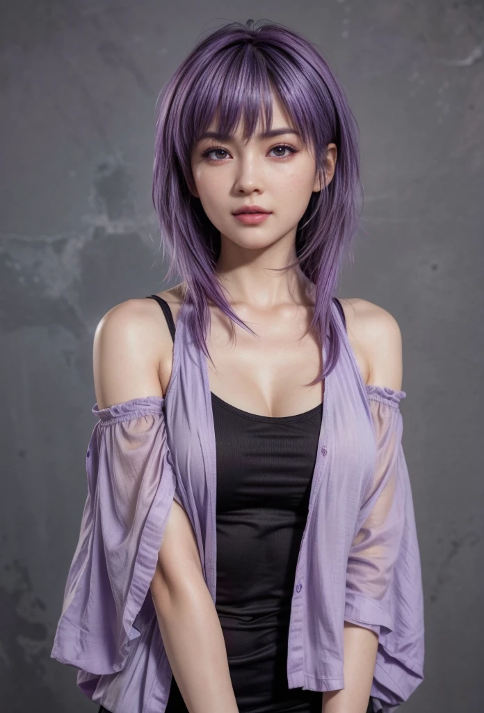 Ayane, purple hair, (best quality, ultra-detailed), (realistic:1.37), beautiful and detailed face, ultra-realistic texture, delicate face, delicate body, red lipstick, long-lasting colors. high definition, 8K. expression with a sexy look