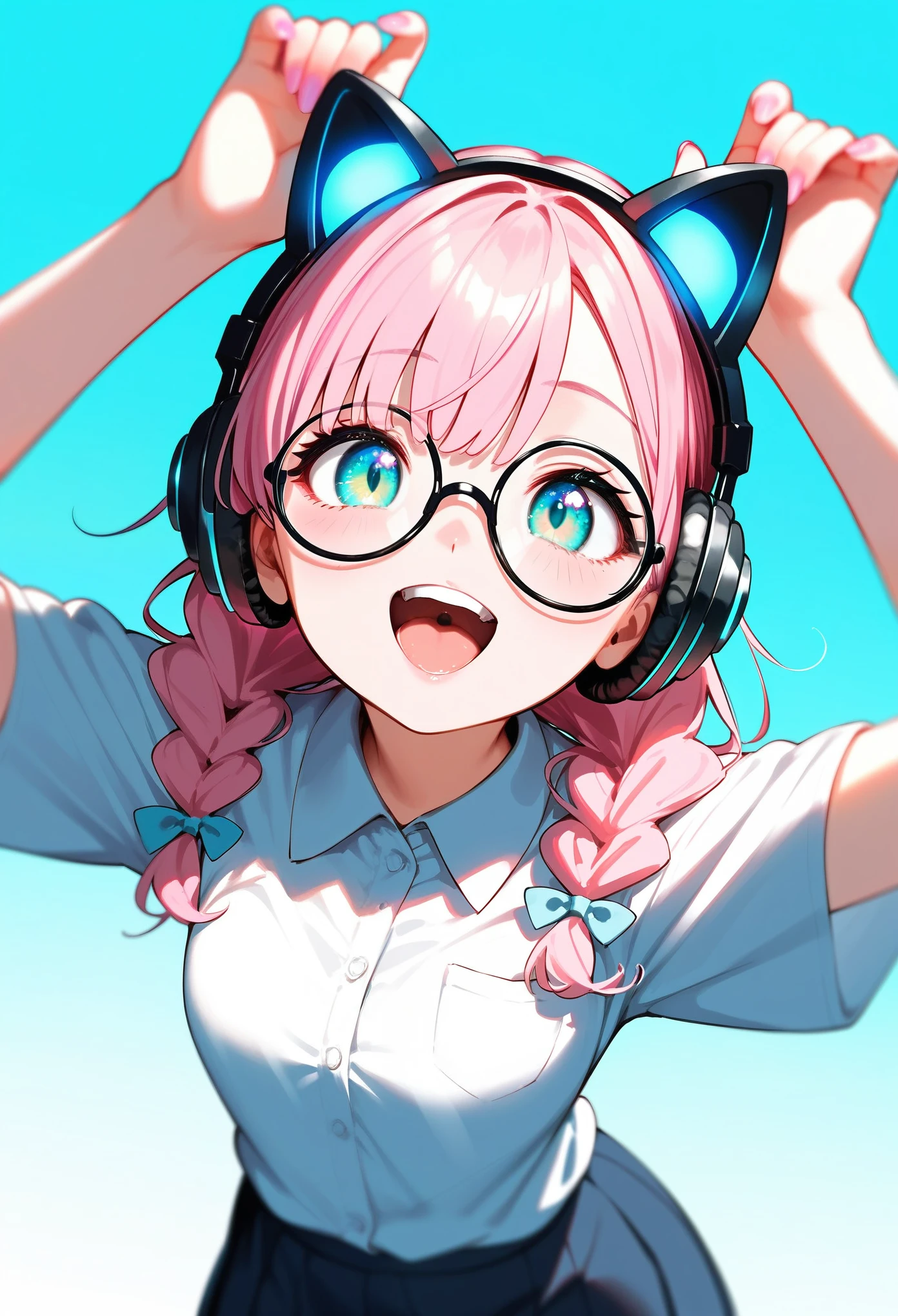 (best quality:1.2), (ultra-detailed:1.2), (2.5D:1.2), (Anime Moe Art Style), 1girl , pink hair, Cyan eyes, gradient eyes, twin braids, blue Glowing cat ear headphones, black round glasses, collared shirt, smile beam, open mouth, simple background, pastel blue background, face focus, from above, cowboy shot, arms raised in the air, top margin
