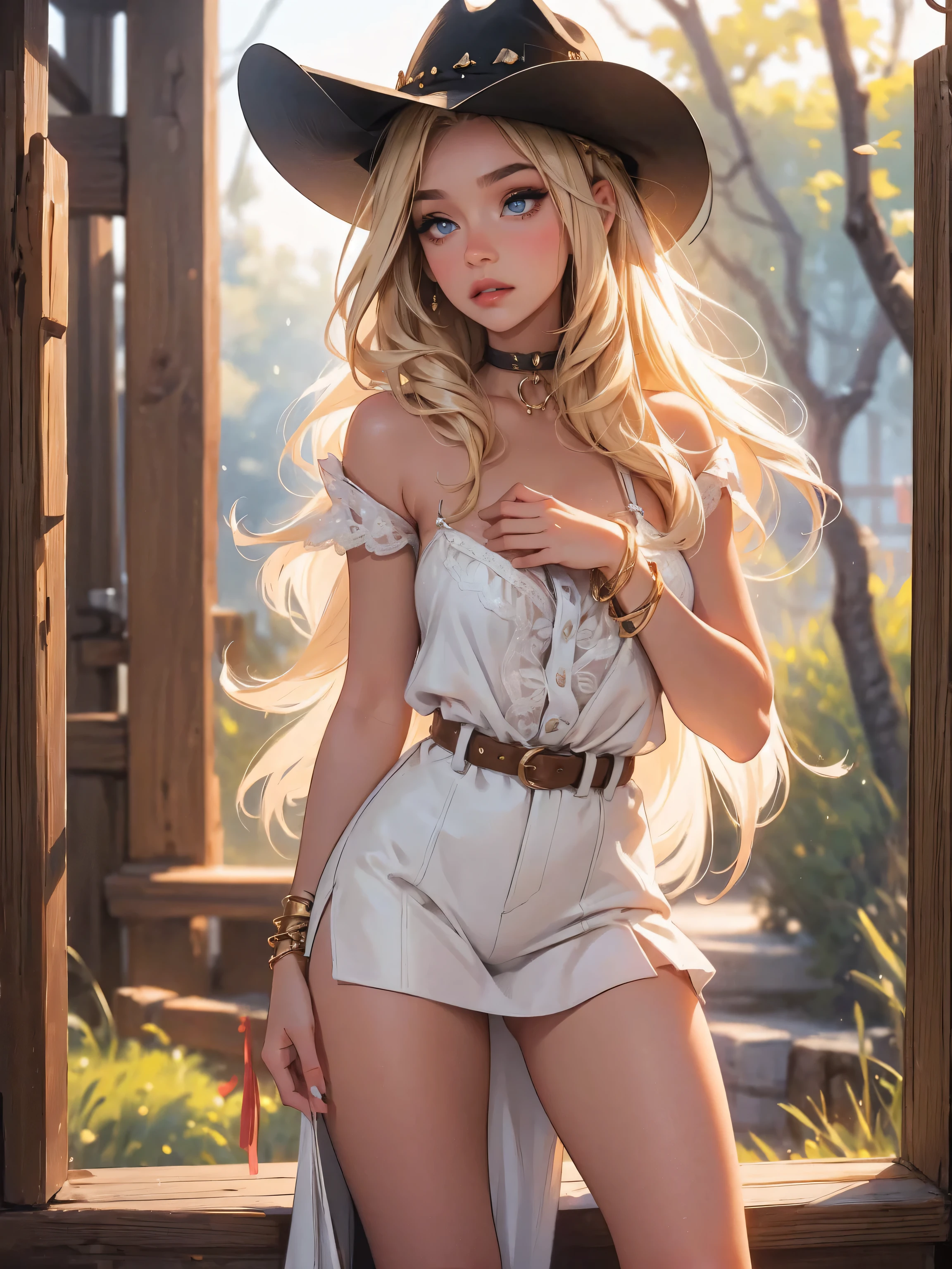 age girl-model 1, beautiful, tanned, blonde, medium hair, pretty eyes, beautiful figure, girl wearing cowboy boots, beautiful long legs, slave bracelets, slave choker, manicure, cute makeup, flirtatiously posing, hot summer, hot flirty, sexy posing, cowboy outfit, top quality, higest quality, pin-up style, ((gothic cowboy, wide brim hat)), , AlexiaThompson01R. ban! art style, dark makeup,