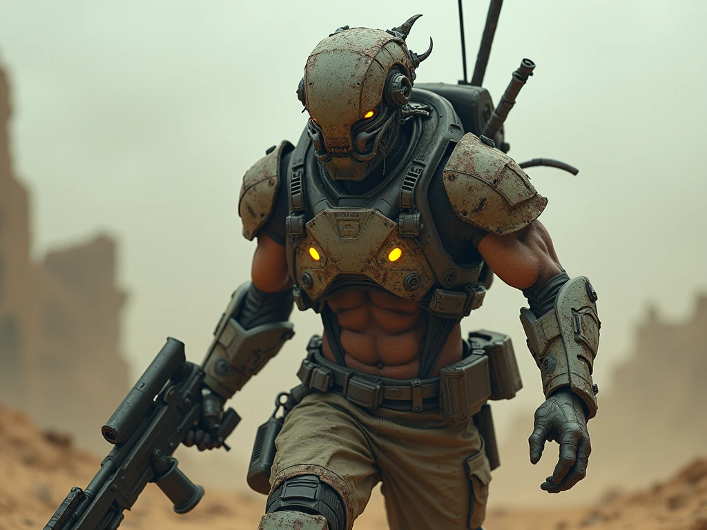 a rugged survival humanoid character in a post-apocalyptic world, a mix of organic and mechanical elements, worn-out metal armor, synthetic material and scarred human flesh, harsh conditions, dust storms, ruins, makeshift weapon, dark muted color palette, glowing energy or circuitry, best quality, 8k resolution, ultra-detailed, masterpiece, photorealistic, highly detailed, cinematic lighting, concept art