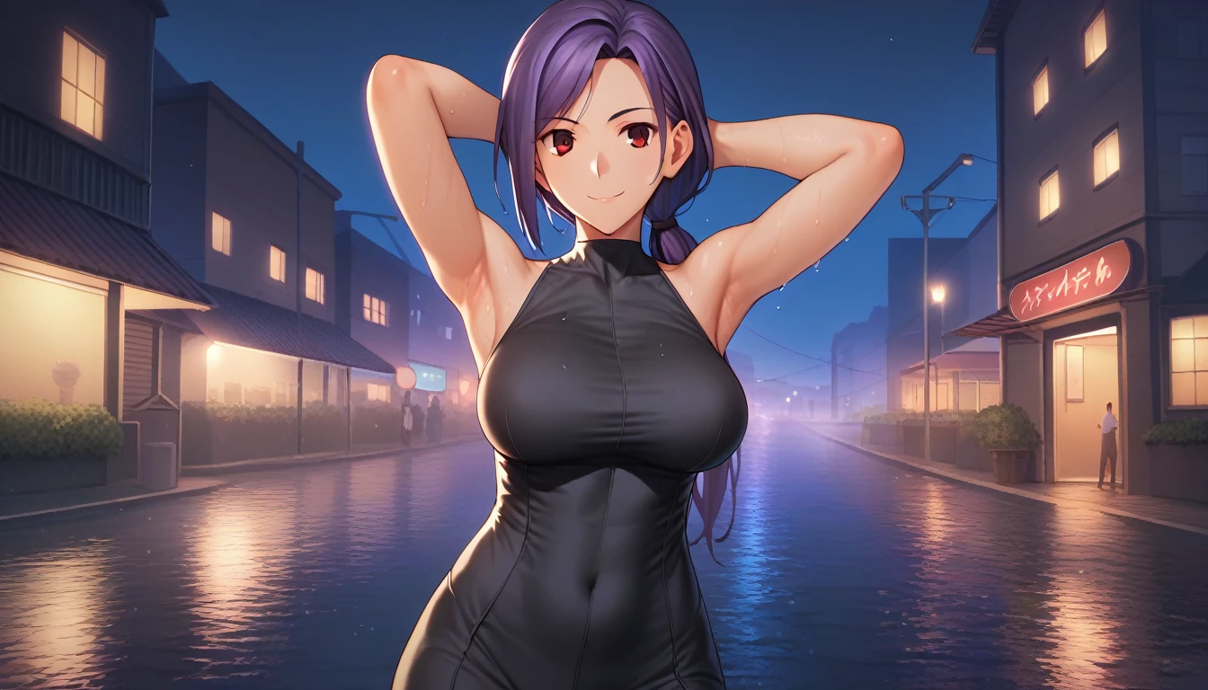 Score_9, Score_8_up, Score_7_up, One Girl,smile, Hirokazu Koyama ,Sweaty,sexy,Pixel Perfect,Large Breasts,Anatomically correct, Masterpiece Highly detailed,8k,Outdoor,night,street,building,boutique,(Fits your body,Rider Suit,Sleeveless),, Red eyes, ( Long Hair, Purple Hair, Parted bangs,Low Ponytail, ), Standing,クローズup, Put your hands behind your head,Wet