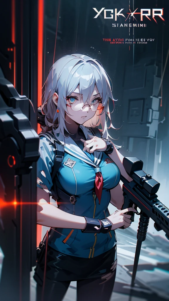 Silver Haired Girl,((Yuki Izumi))((Large Breasts:1.0)),Red glasses,prone position,Looking through a sniper scope,Sighting gun,Tactical Boots,Futuristic gun,Rainy environment,High image quality,8k,Super detailed,Surreal,masterpiece,Cinematic Lighting,Dramatic lighting,Dramatic Pose,Highly detailed facial features,Very realistic,Realistic,Beautiful detailed eyes,Beautiful detailed lips,Highly detailed eyes and face,Long eyelashes,1 girl,Concept Art,Digital Art、Shiny Futuristic gun、A vivid depiction of the human body、Sexy sailor-style uniform、((Torn clothing)) The hall in the center of the poster々Standing, Wear stylish and edgy clothing. The background is dark、rough., There is danger and tension. The text is bold and eye-catching, A catchy tagline that creates a dramatic and exciting atmosphere. The color palette is mostly dark.、Bright colors are scattered throughout。, Give your poster a dynamic and visually striking look,Character Portrait((Symposium cover))