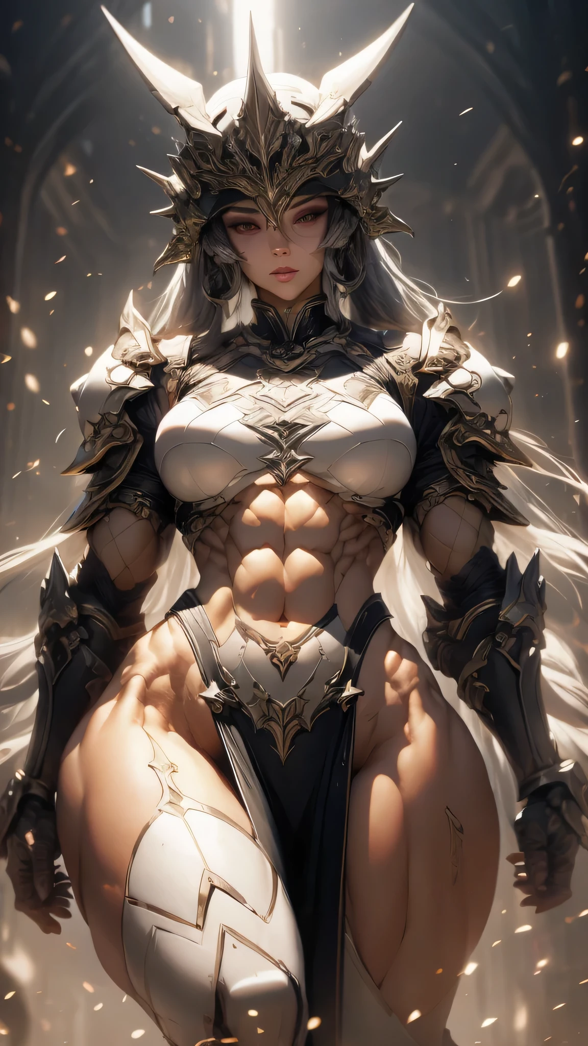 a tall female arcangel standing, majestic, beautiful, celestial paladin, knight with cape and celestial armor of Pisces, imposing and powerful, perfect face, perfect lips, perfect yellow eyes, black hair with two braids, nose perfect, muscular body, abs, exposed muscular quads, curvy hips, huge breasts. round breasts. 16k quality.