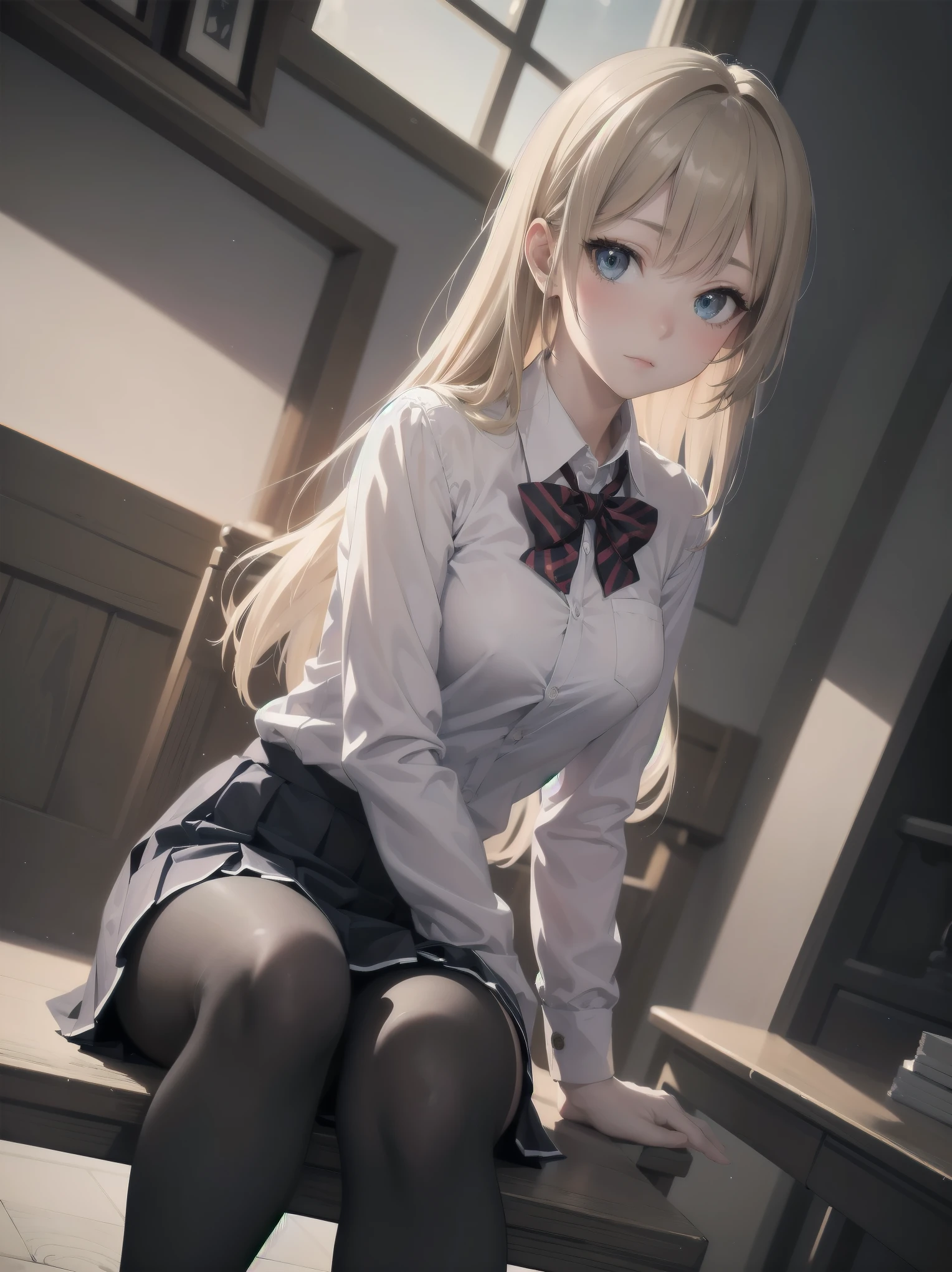 of the highest quality, High resolution, The perfect human structure, Character Focus, Front view, One lady、Glowing blonde hair、 Gray eyes, face to the viewer, Sit up、Small udder、grey blazer、Check skirt、In front of the wall、Hands tied behind your back、embarrassed from、blushed face