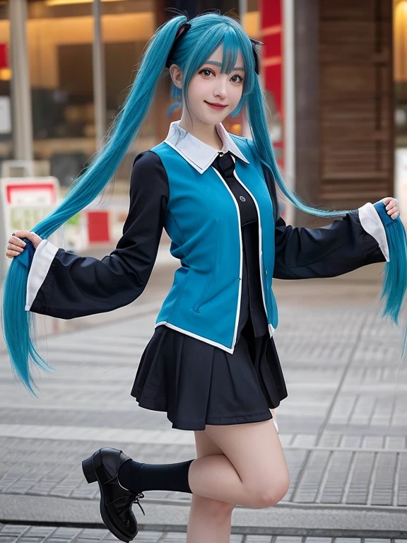 Photo-realistic quality、黒とライトグレーの服装をした初値MikuのCosplayをした日本人モデルが写真撮影のためにポーズをとっている, hatsune Miku Cosplay, anime girl Cosplay, hatsune Miku, portrait of hatsune Miku, anime Cosplay, hatsune Miku portrait, Miku, Cosplay photo, professional Cosplay, Cosplay, Turquoise long hair、Looking at the camera、Detailed and beautiful eyes、Cute smile、A soft and gentle look