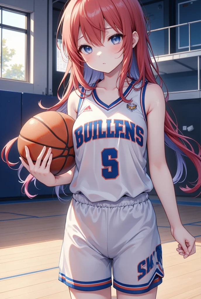 Japanese anime, One girl, solo, night , SweetHoney mix,basketball,basketball uniform,gym,in the gym,room,holding a basketball,indoor,