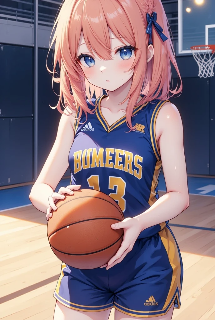 Japanese anime, One girl, solo, night , SweetHoney mix,basketball,basketball uniform,gym,in the gym,room,holding a basketball,indoor,