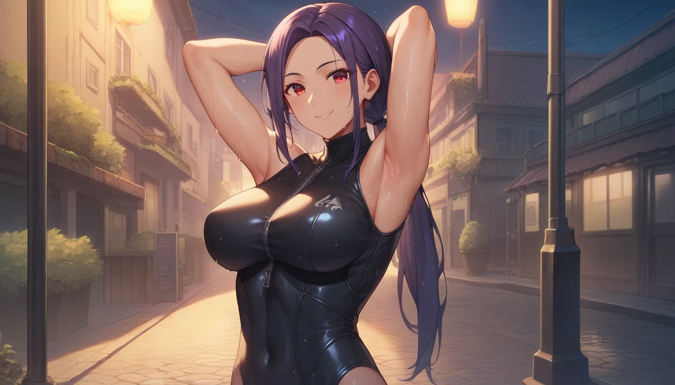 Score_9, Score_8_up, Score_7_up, One Girl,smile, Hirokazu Koyama ,Sweaty,sexy,Pixel Perfect,Large Breasts,Anatomically correct, Masterpiece Highly detailed,8k,Outdoor,night,street,building,boutique,(Fits your body,Rider Suit,Sleeveless),, Red eyes, ( Long Hair, Purple Hair, Parted bangs,Low Ponytail, ), Standing,クローズup, Put your hands behind your head,Wet,it&#39;s raining,sexy