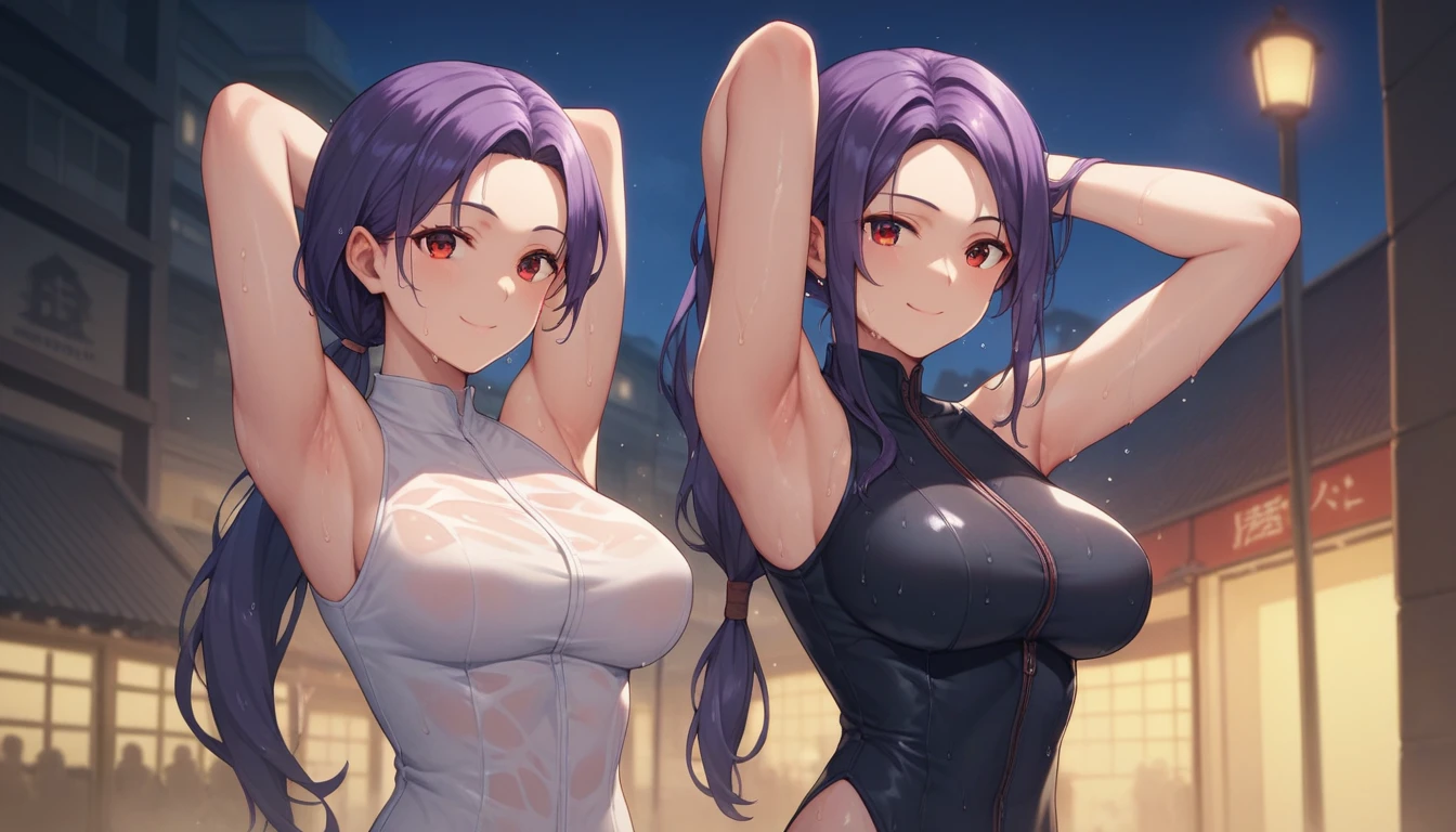 Score_9, Score_8_up, Score_7_up, One Girl,smile, Hirokazu Koyama ,Sweaty,sexy,Pixel Perfect,Large Breasts,Anatomically correct, Masterpiece Highly detailed,8k,Outdoor,night,street,building,boutique,(Fits your body,Rider Suit,Sleeveless),, Red eyes, ( Long Hair, Purple Hair, Parted bangs,Low Ponytail, ), Standing,クローズup, Put your hands behind your head,Wet,it&#39;s raining,sexy