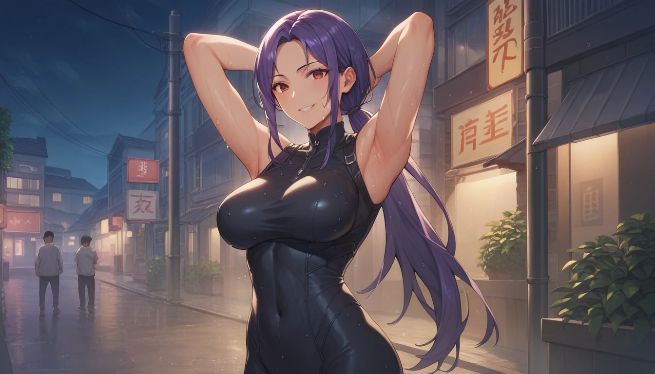 Score_9, Score_8_up, Score_7_up, One Girl,smile, Hirokazu Koyama ,Sweaty,sexy,Pixel Perfect,Large Breasts,Anatomically correct, Masterpiece Highly detailed,8k,Outdoor,night,street,building,boutique,(Fits your body,Rider Suit,Sleeveless),, Red eyes, ( Long Hair, Purple Hair, Parted bangs,Low Ponytail, ), Standing,クローズup, Put your hands behind your head,Wet,it&#39;s raining,sexy