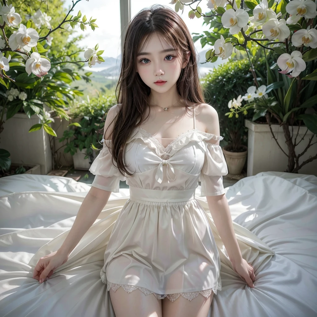 Sleeping girl, 19 years old, realistic, she is wearing small dress, she is wearing transparent dress, [nfsw,],brown hair.