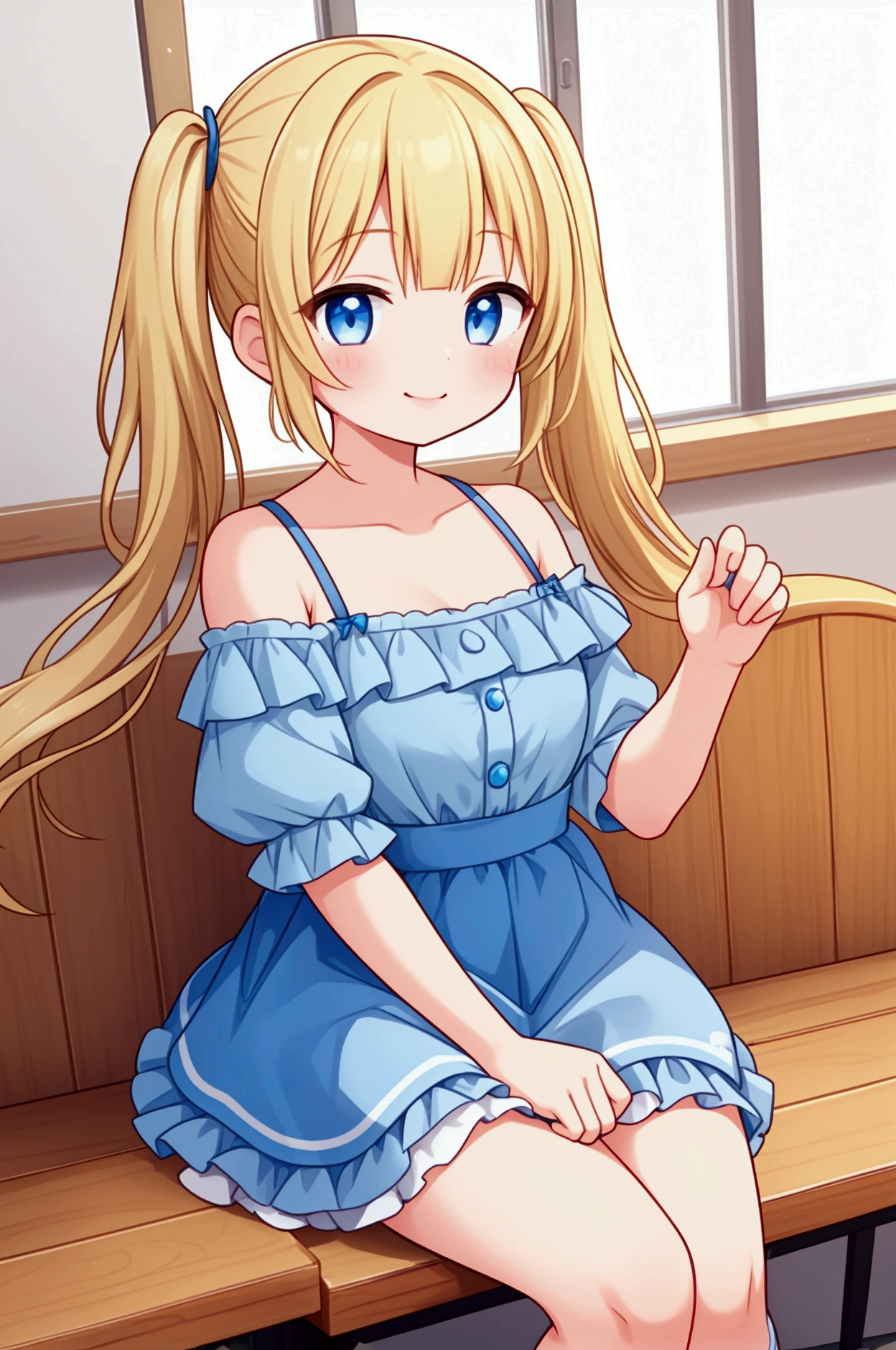 1girl, (Top view)、((On the balcony)), show off her breasts, (Blonde), (shiny skin:1.3)、Glowing pink Eyes, ((evil grin)), (Twin tails), Black Hair, ((((Light blue long sleeveless dress)), No bra、((Panties with horizontal stripes)), (small breasts), (jewelry))), (((close up toe))), barefoot、She lifts her skirt to show her panties and make the man masturbate、(A man masturbates while lying down in front of a girl)、1boy, penis, penis under hand, (the boy is masturbation under the girl), eject cum:1.5、