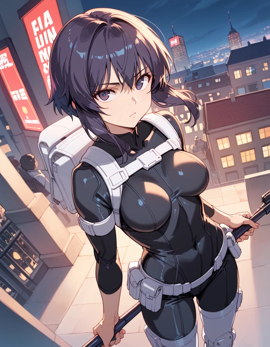 thick hips, thick thighs, platform heels, high cut leotard, bandeau top, huge breast, thin waist, bob cut hair, pale skin, gun, angry look, scream, thick body, tight stockings, profile, cyberpunk,